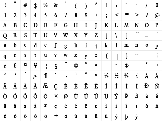 Nadine Condensed Bold  glyph index