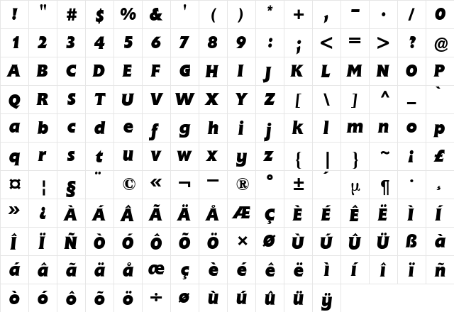 Flange BQ ItalicBold  glyph index