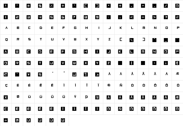 Squaresharps Regular  glyph index