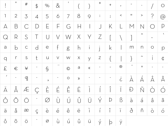 Neutra Text Light Regular  glyph index