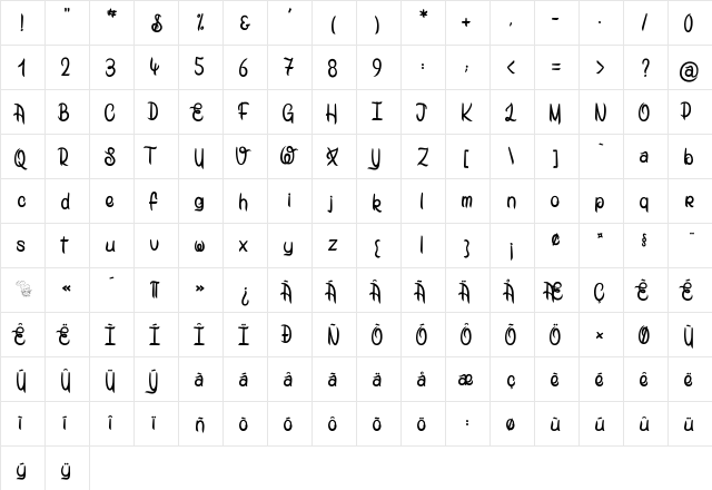 Mad Potato Bill Regular  glyph index