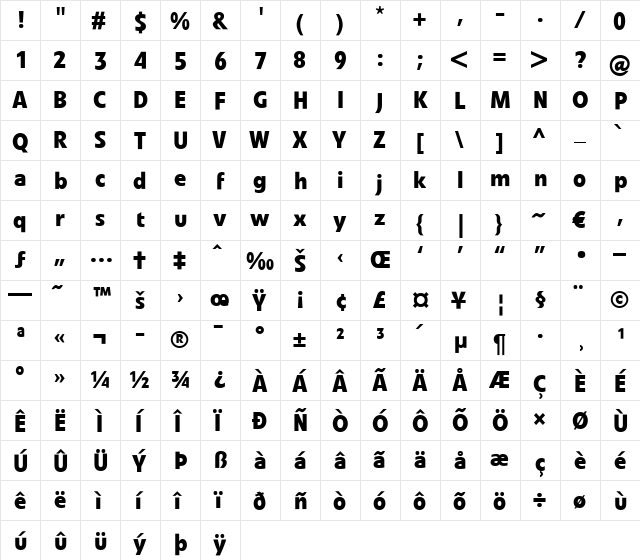 LTVeto Regular Bold  glyph index