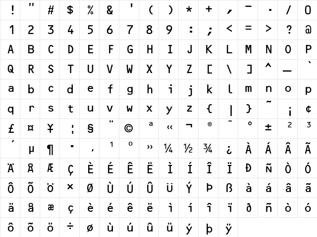 OCRB Alternate  glyph index