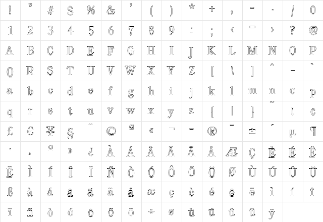 DanielBeckerOutline-ExtraLight Regular  glyph index