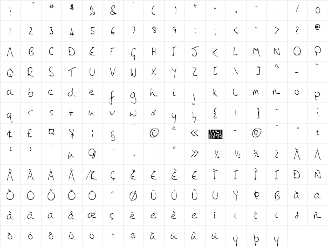 AmandasHand Regular  glyph index