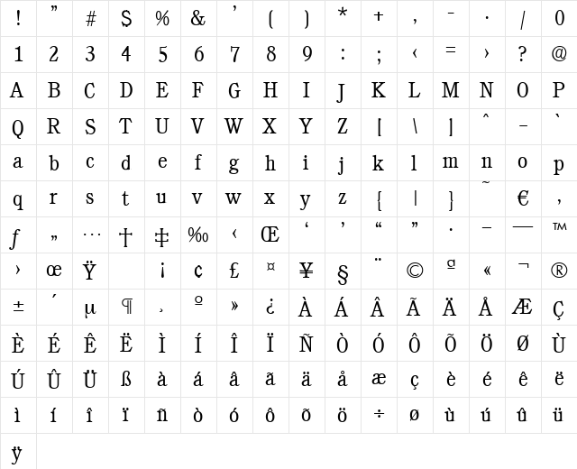 Calgary-Light Regular  glyph index