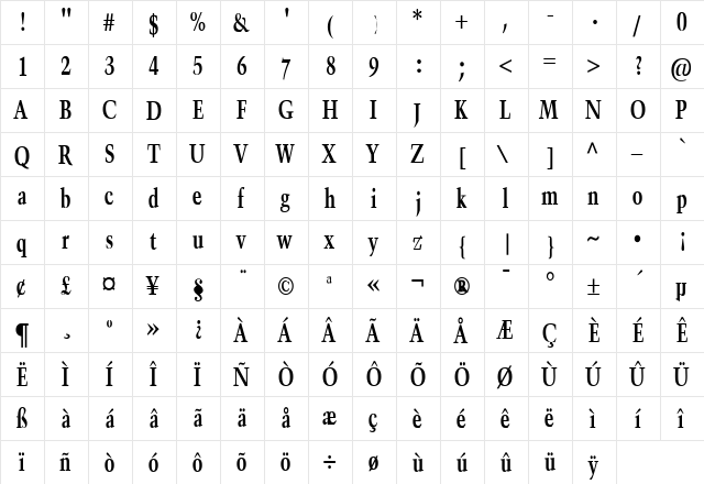 Horn Condensed Bold  glyph index