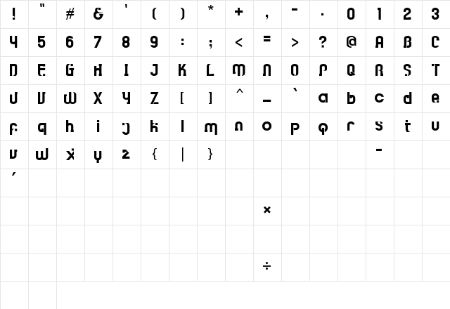 The handbox Regular  glyph index