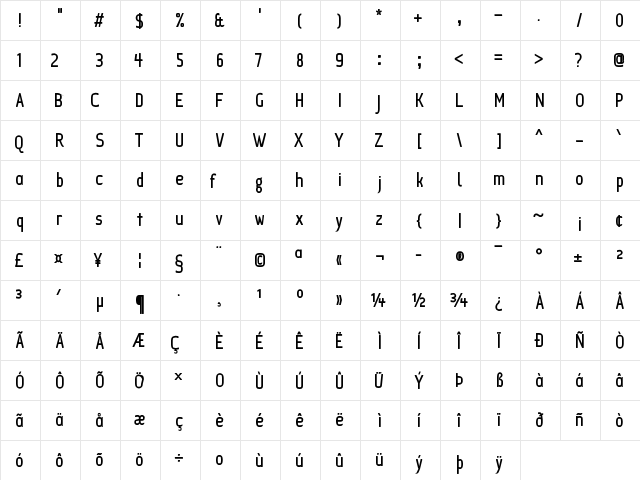 Ice Sans Compressed Bold  glyph index