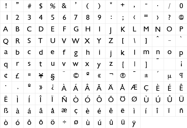 Chantilly-Serial Regular  glyph index