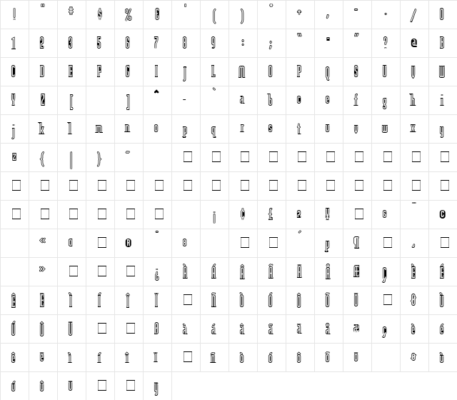 ModulaOutlined Regular  glyph index
