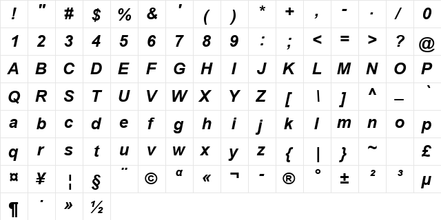 Arial Greek Bold Inclined  glyph index