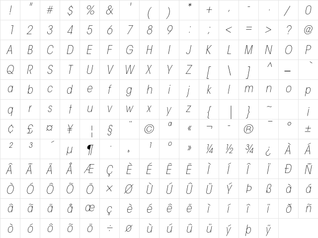 ITC Avant Garde Gothic Std Extra Light Condensed Oblique  glyph index