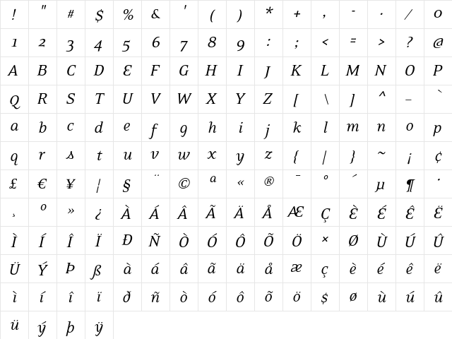 EideticNeo Italic  glyph index