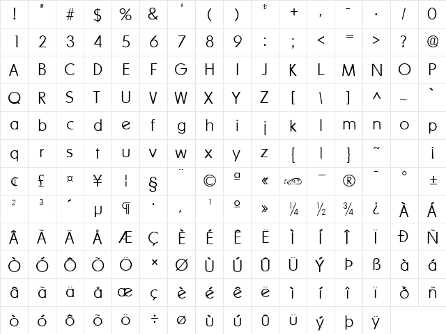 Sharnay Extralight Regular  glyph index