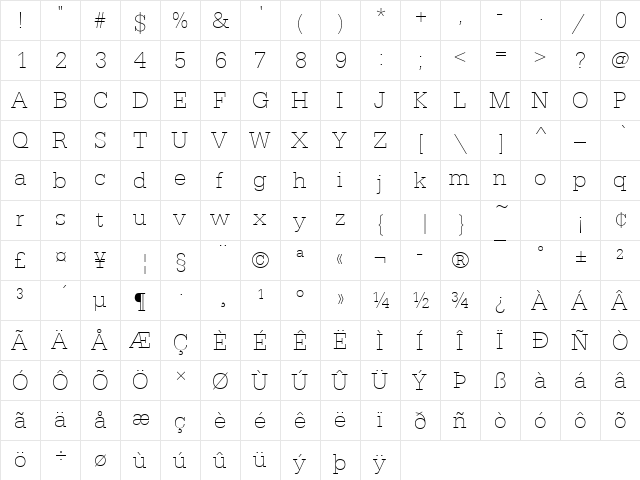 SerifaTThi Regular  glyph index