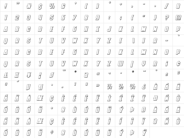 Punch 3D Italic Regular  glyph index