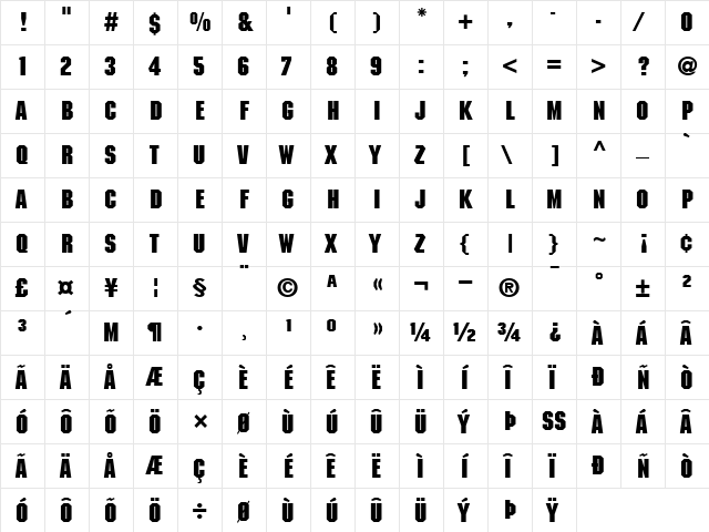 ITCMachine Bold  glyph index