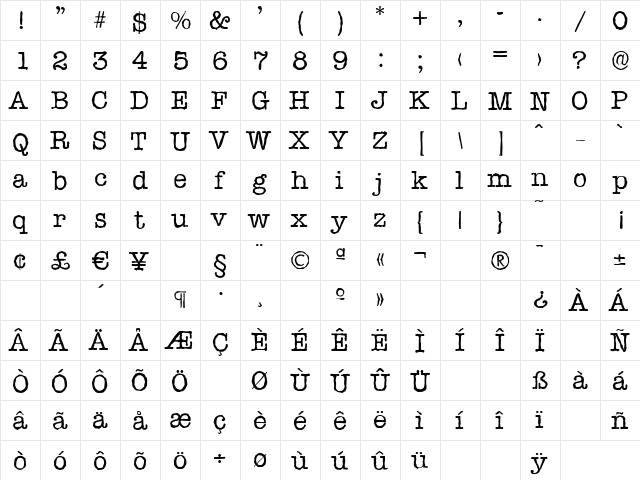 TypewriterAntique Regular  glyph index