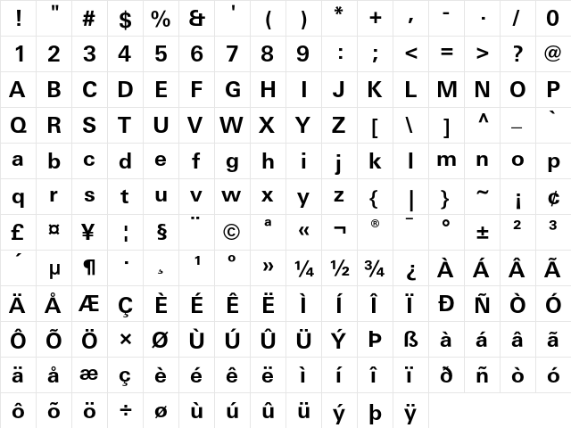 LinotypeUnivers BasicBold  glyph index