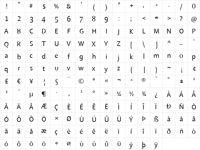 Shaker Regular  glyph index