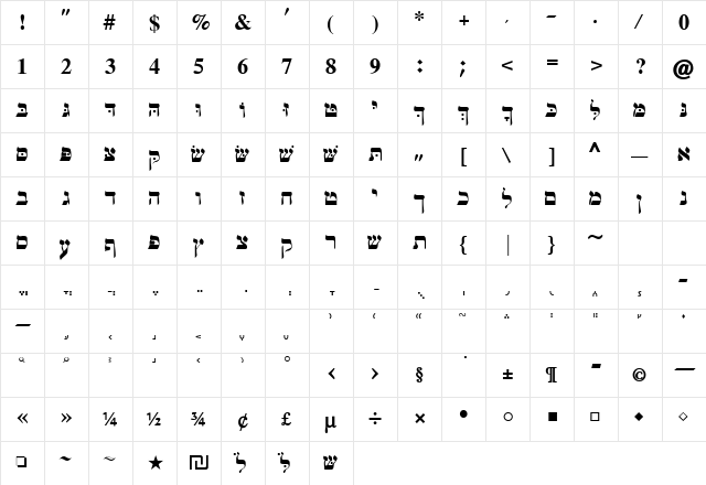 Davka Siddur Bold  glyph index