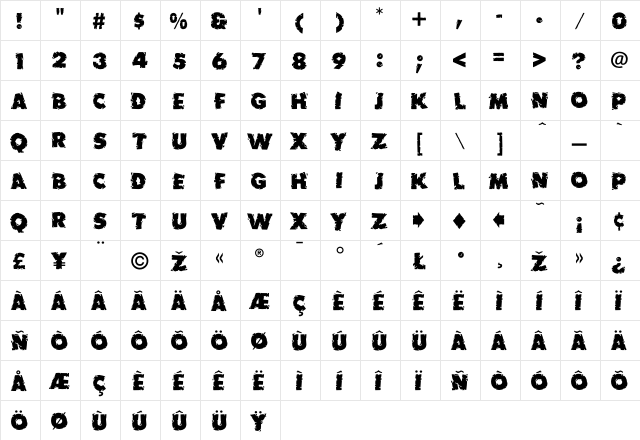 Earthquake Regular  glyph index