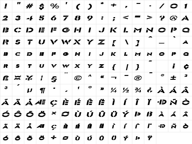 Templett Extended BoldItalic  glyph index