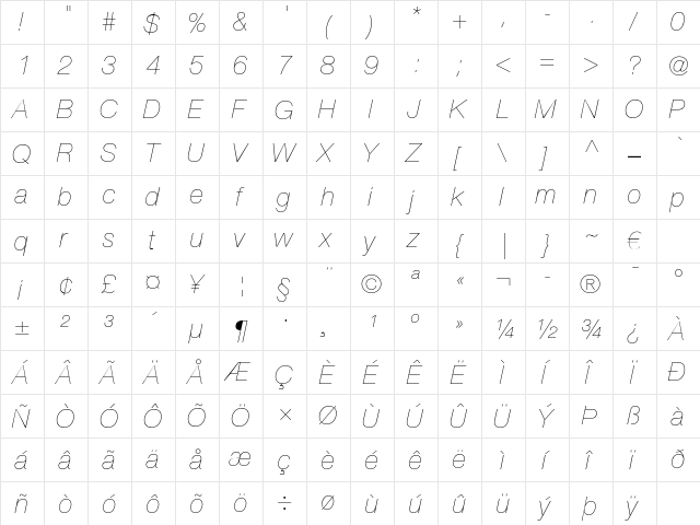 Helvetica Neue LT Pro 26 Ultra Light Italic  glyph index