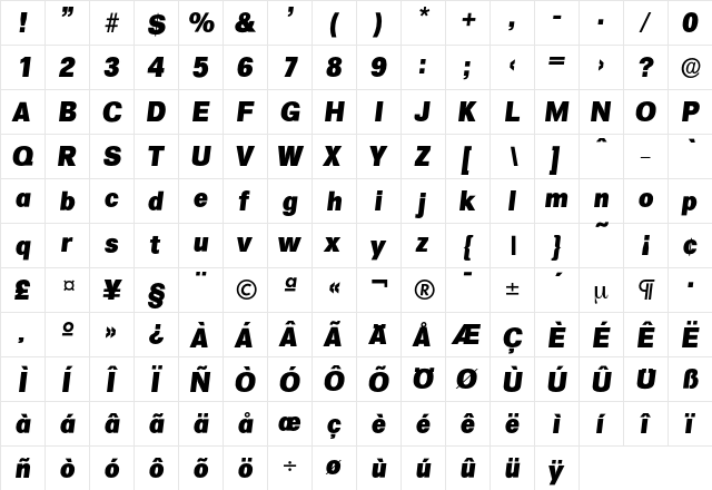 Formula-ExtraBoldIta Regular  glyph index