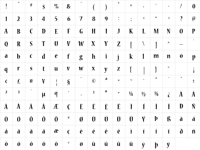 Nueva Std Bold Condensed  glyph index