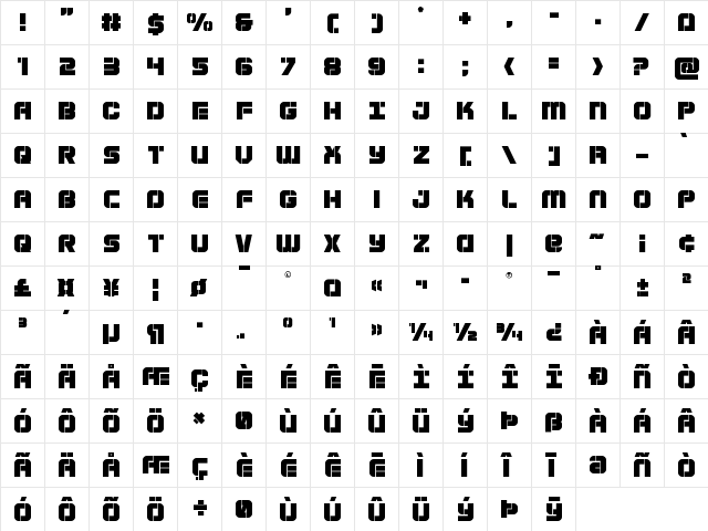 Super Submarine Regular  glyph index