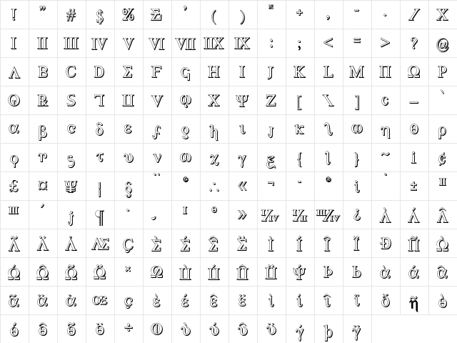 Achilles 3D Regular  glyph index