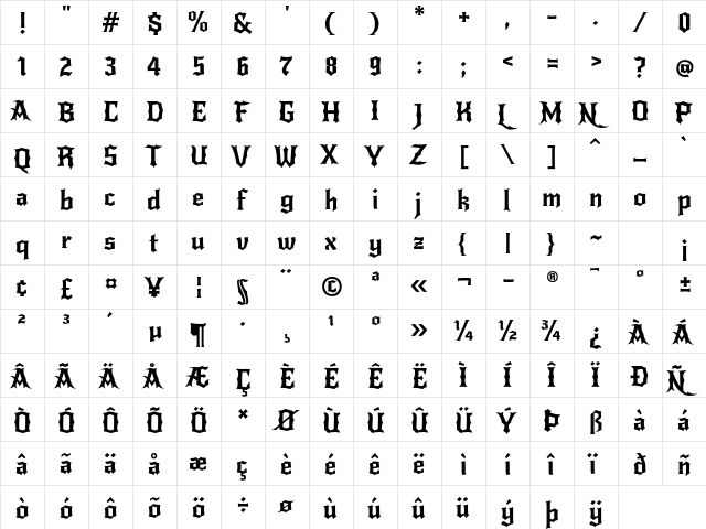 NewRocker Regular  glyph index
