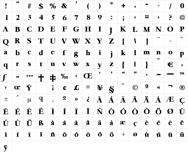 Garemond-Bold Regular  glyph index