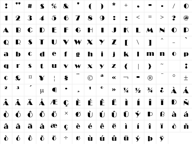 Broadway MT Std Regular  glyph index