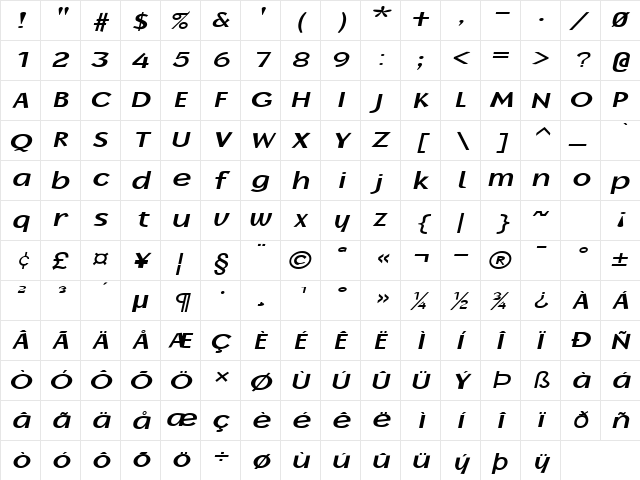 Oak-Ridge-Extended Bold Italic  glyph index