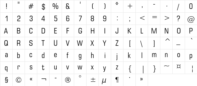 EuropeCond Regular  glyph index