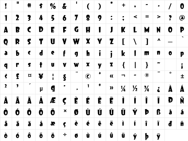 Dreamland Std Regular  glyph index