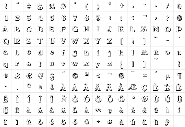 VeronaShadow Bold  glyph index