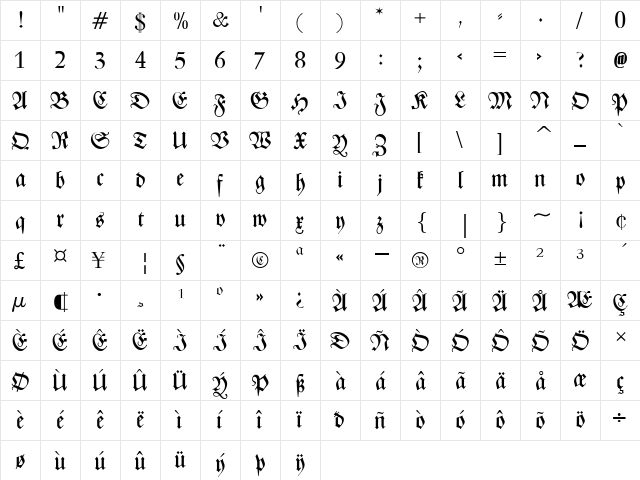 Zentenar Fraktur UNZ1L Regular  glyph index