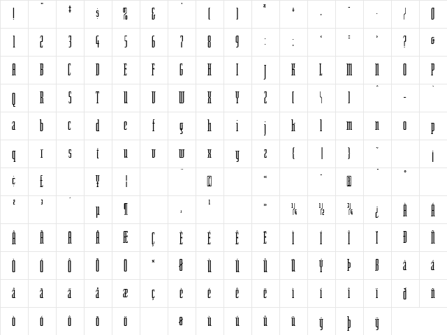 SenatorTall Regular  glyph index