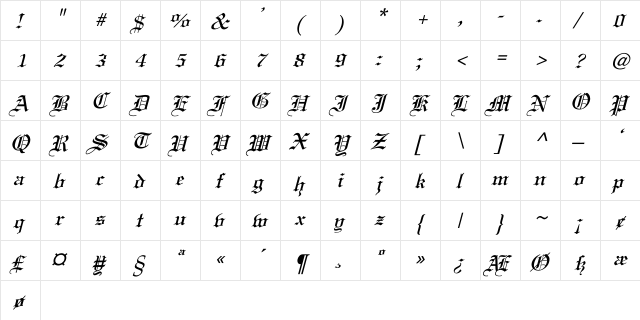 Old English Italic Italic  glyph index