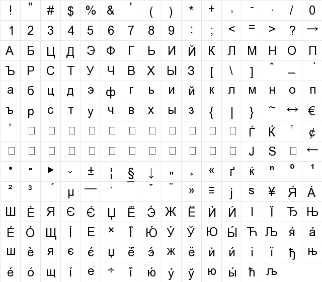 New Regular  glyph index