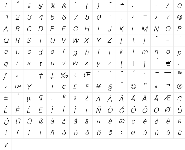Ultimate-XlightIta Regular  glyph index