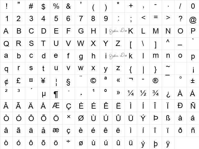 SignatureFont Regular  glyph index