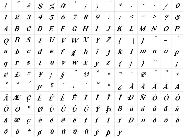 The Texterius Italic Regular  glyph index