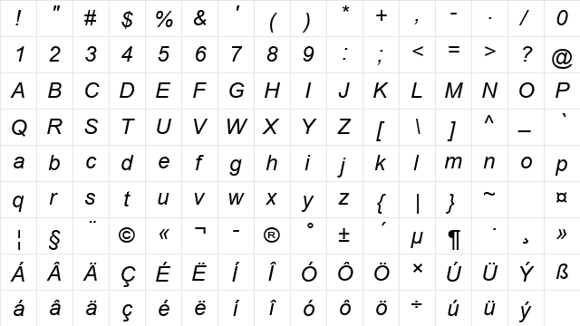 Arial CE Italic  glyph index