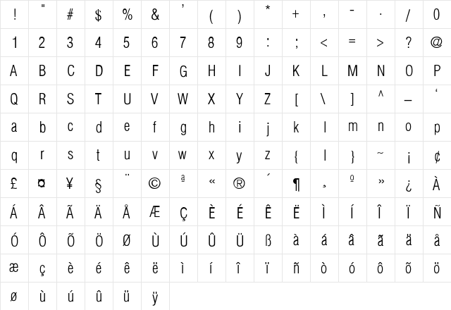 Helvetica-Condensed-Light-Light Regular  glyph index
