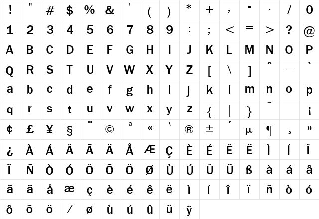 Framina Regular  glyph index